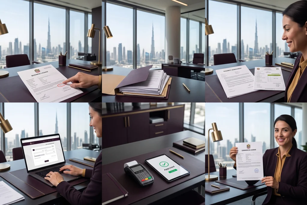 Commercial license renewal process in Dubai with business documents